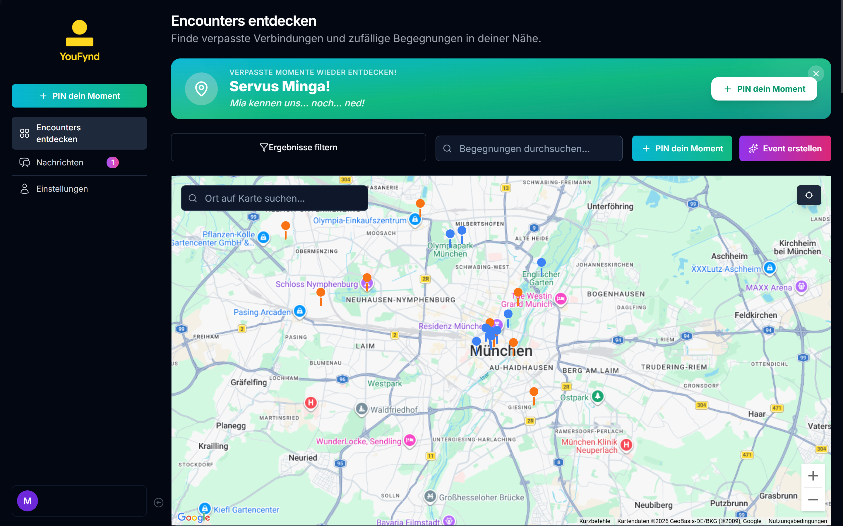 YouFynd Dashboard interface showing Google Maps with encounter markers